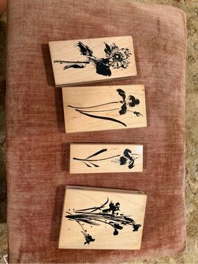 New Penny Black Wooden Floral Stamp Set - Black Ink Design on Natural Wood 4